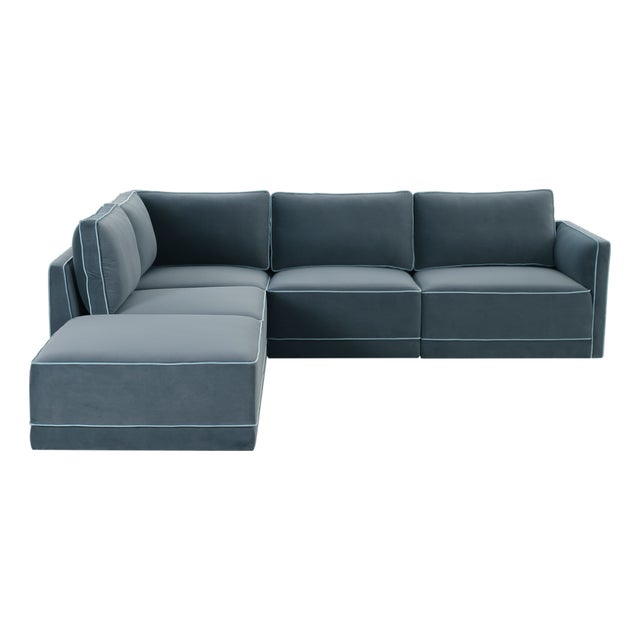 Willow Misty Blue with Pale Blue Piping Modular 5-Piece Performance Velvet LAF Sectional For Sale