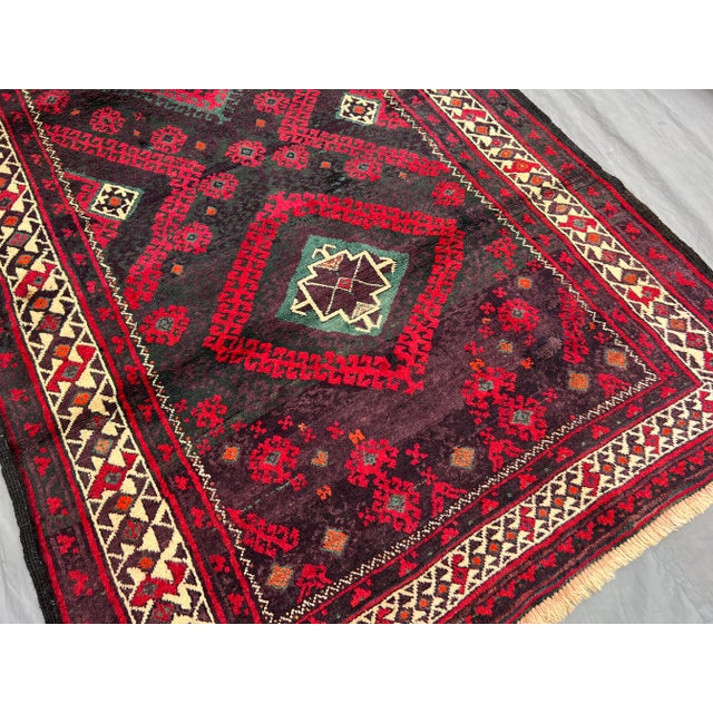 1970s Vintage Afghan Hand-Knotted Wool Runner Rug | Tribal Red & Black Geometric Rug For Sale - Image 5 of 10