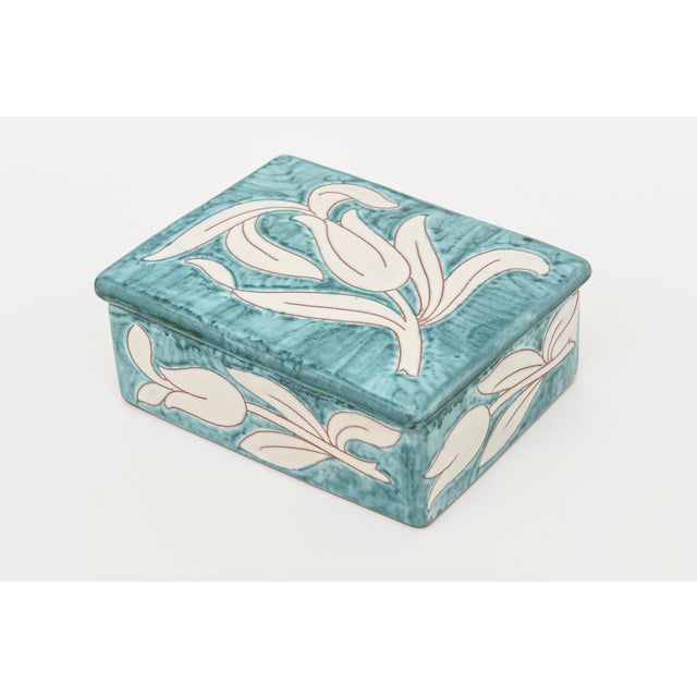 This lovely vintage Italian hallmarked lidded ceramic flower box by Raymor is from the 60's. The colors are turquoise,...