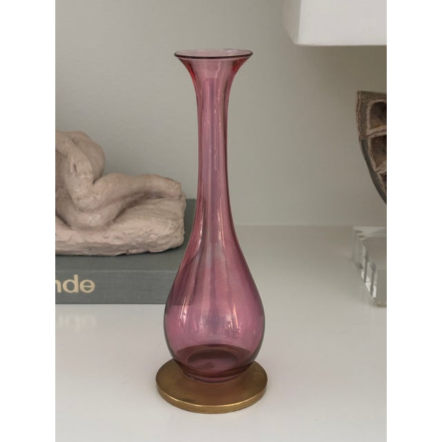 Mid-20th Century Rainbow Art Glass Cranberry Pink Vase With Gilt Base For Sale In Little Rock - Image 6 of 13