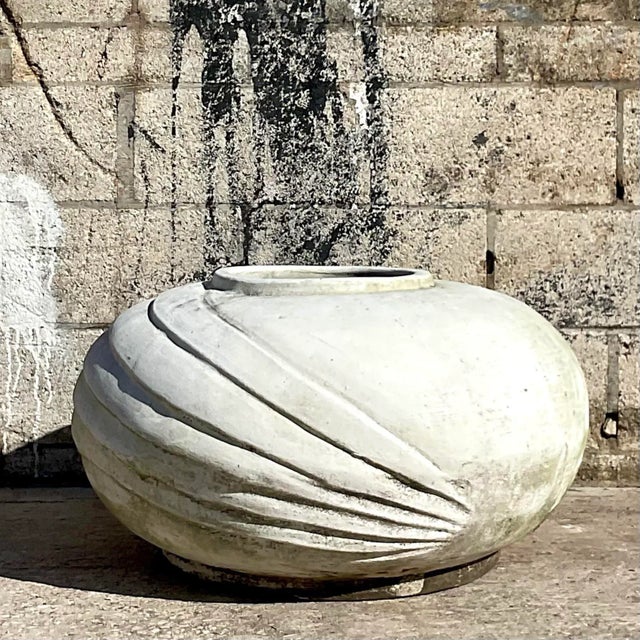 Ceramic Vintage White Deco Style Cement Planter With Ridges For Sale - Image 7 of 8