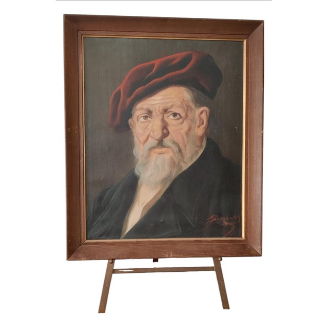 Jeno Gussich Signed Oil Portrait ~ Man in a Red Beret, Circa Mid-20th Century For Sale - Image 9 of 12