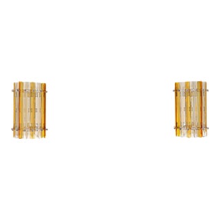 Murano Glass Column Wall Sconces | Clear & Amber Triedri Prisms, Chrome Frame - a Pair For Sale