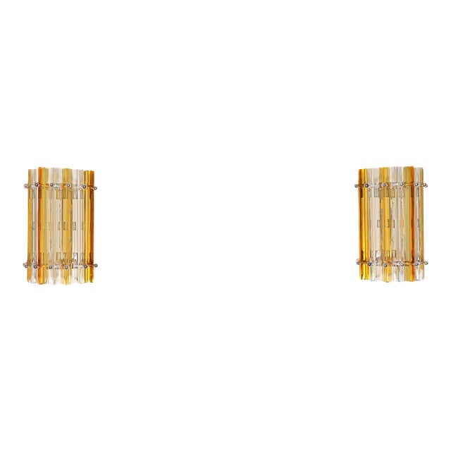 Murano Glass Column Wall Sconces | Clear & Amber Triedri Prisms, Chrome Frame - a Pair For Sale