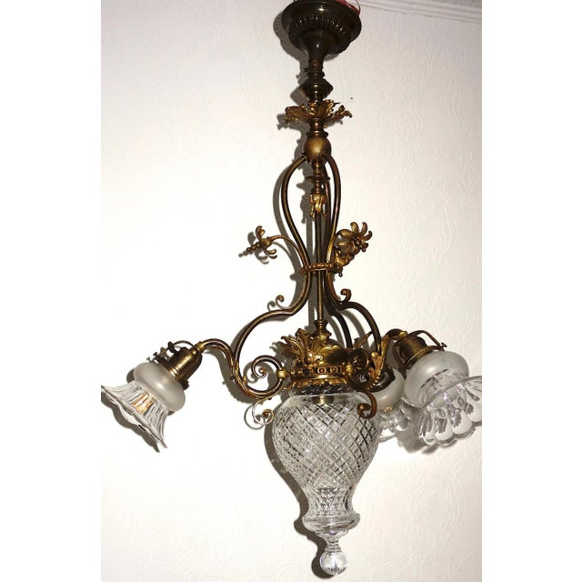 Traditional Antique French Art Nouveau Brass and Glass 4-Light Chandelier, 1940s For Sale - Image 3 of 13