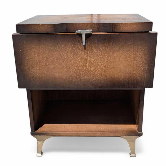 1950s Atomic Walnut Drop-Front Nightstand With Metal Legs, Mid-Century For Sale - Image 11 of 16