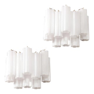 Pair of Mid-Century Modernist Opaline Two-Tier Stepped Tronchi Sconces For Sale