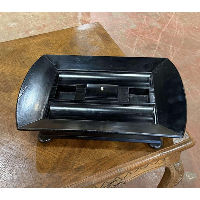 French French Art Deco Black Lacquered Wood Desk Set With Glass Inkwells For Sale - Image 3 of 9