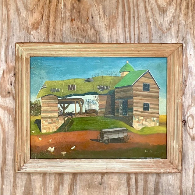 Vintage Signed American Folk Art Farm Landscape Oil Painting For Sale - Image 11 of 13