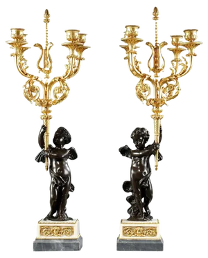 Mid-19th Century Bronze and Marble Candelabra, Set of 2