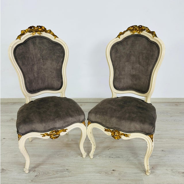 Dimensions: H 40.3” x W 18.7” x SD 17” x SH 18.5” Pair of Vintage French Louis XV style accent chairs, newly upholstered...