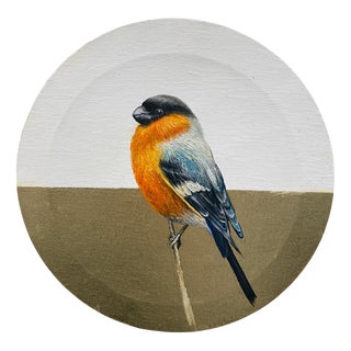 Anastasia Gklava, Eurasian Bullfinch, Orange & Black Bird Composition, Painting with Gold Leaf on Round Canvas, 2025 For Sale