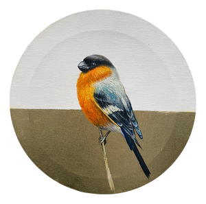 Anastasia Gklava, Eurasian Bullfinch, Orange & Black Bird Composition, Painting with Gold Leaf on Round Canvas, 2025