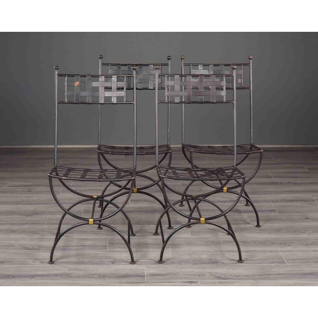 Set of Four French Iron Curule Side Chairs With Woven Strap Seats For Sale - Image 4 of 12