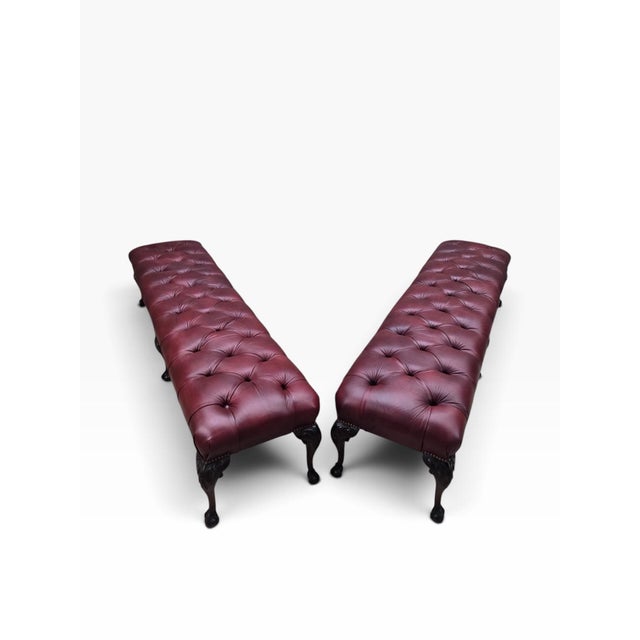 Antique Chippendale Style Carved Tufted Benches Newly Reupholstered in Burgundy Leather- Pair For Sale - Image 9 of 12