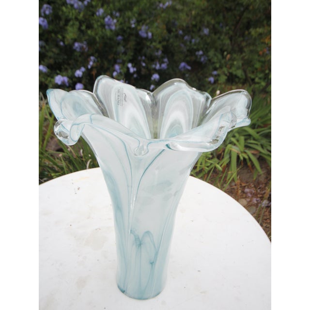 Glass Tall 15.5” Murano Italian Blown Glass Fazzoletto Lily Vase – Aqua Alabastro Swirl For Sale - Image 7 of 14