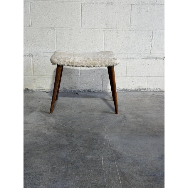 Mid-Century Modern Vintage Danish Mid Century Modern Teak Vanity Stool With Sheepskin Upholstery For Sale - Image 3 of 8