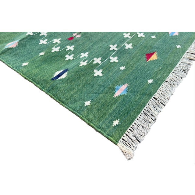 Handmade Cotton Dhurrie Vegetable Dyed Forest Green Shooting Star Runner- 3'x14' For Sale - Image 6 of 11