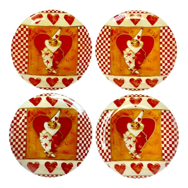 1970s Vintage Boho Chic Valentine Child Clown Heart Salad Plates - Set of 4 For Sale