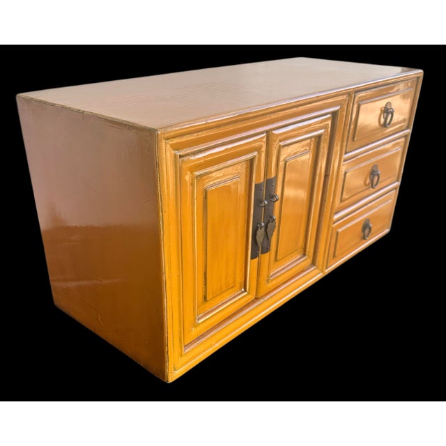 1950s Mid Century Asian Yellow Lacquer Wood Tansu Chest For Sale - Image 12 of 12