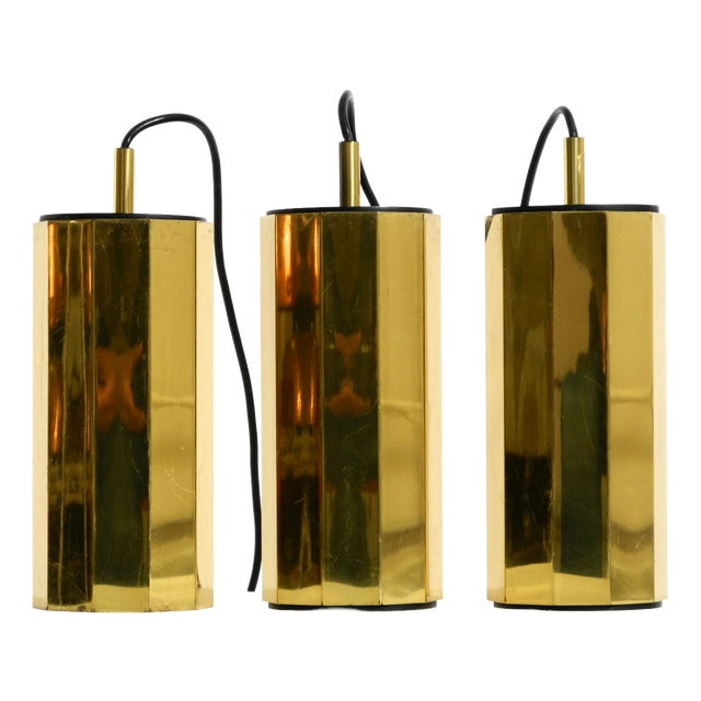 Large Decagonal Brass Pendant Lamps, 1960s, Set of 3 For Sale