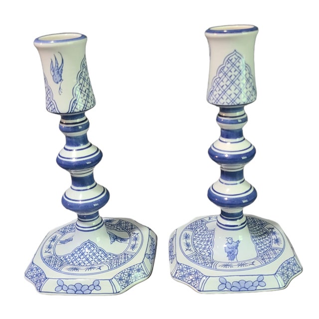 Vintage Pair of Delft Royal Goedewoagen Blue & White Candlesticks Holland For Sale - Image 9 of 9