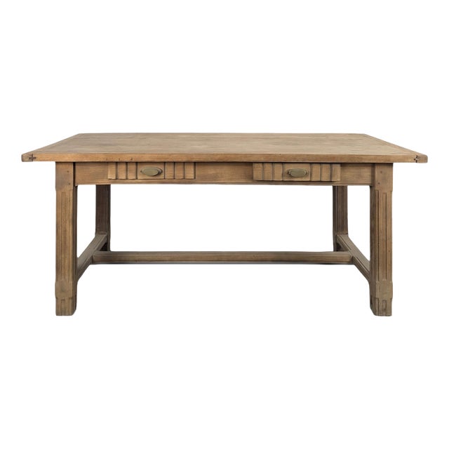 Art Deco Farmhouse Table in Stripped Oak with Two Drawers and Fluted Legs, 1920s For Sale