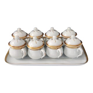 Vintage Portuguese Porcelain, Hostess Ware, Pot De Creme Set With Tray, Gilt Accents, Set of Eight, Circa 1980s - 9pcs For Sale