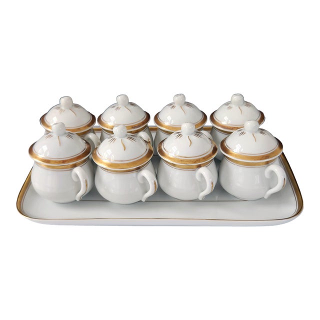 Vintage Portuguese Porcelain, Hostess Ware, Pot De Creme Set With Tray, Gilt Accents, Set of Eight, Circa 1980s - 9pcs For Sale