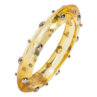 Miriam Salat Studded Translucent Vintage Resin Bangle Silver & White Topaz For Sale