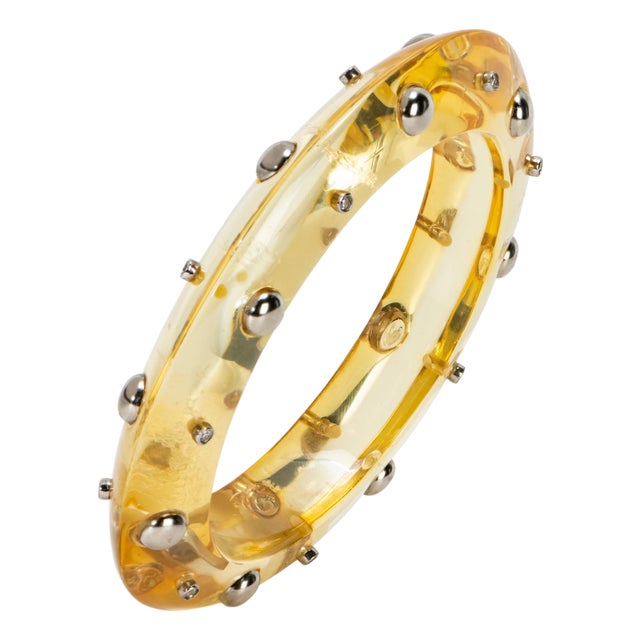 Miriam Salat Studded Translucent Vintage Resin Bangle Silver & White Topaz For Sale