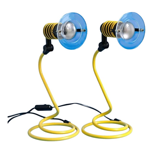 Pair of a Yellow Spiral Desk Lamps, Memphis Style, 1980s. For Sale