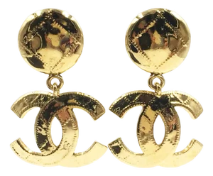 1990s Chanel Vintage Gold Plated Plaid Stitching CC Dangle Clip on Earrings as Seen on Pixie Lott, A Pair