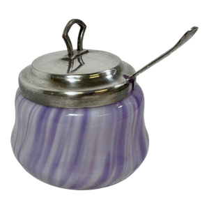 Vintage Art Deco Purple & White Art Glass Jam Jar /Mustard Pot With Chrome Lid & Spoon From England - Circa 1930