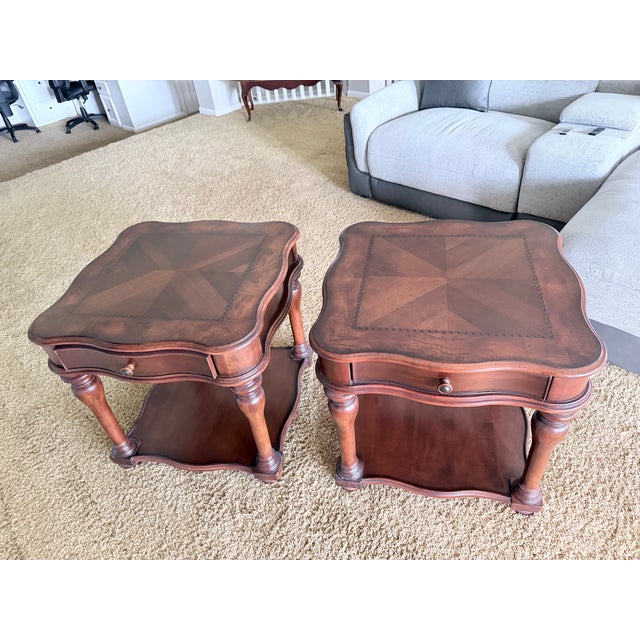Late 20th Century Pair of Ornate Two-Tier Square Side Tables – Scalloped Parquet Top For Sale - Image 9 of 9