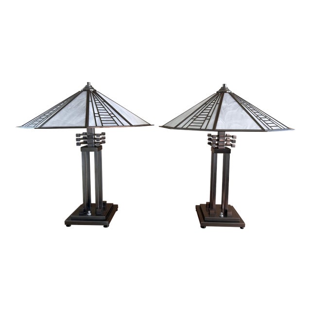 Pair of Vintage Fredrick Ramond Art Deco Slag Glass Table Lamps Frank Lloyd Wright Style For Sale