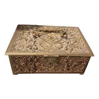 Antique Victorian Art Nouveau German Embossed Gilt Metal Humidor Box Chest For Sale