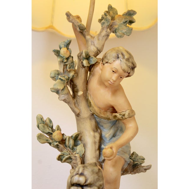 Cream Large Vintage L&f Moreau-Style Figural Table Lamp – “The Apple Pickers” – 1981 Provenance For Sale - Image 8 of 18