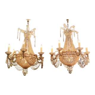 Pair of Italian Beaded Crystal Basket Chandeliers For Sale