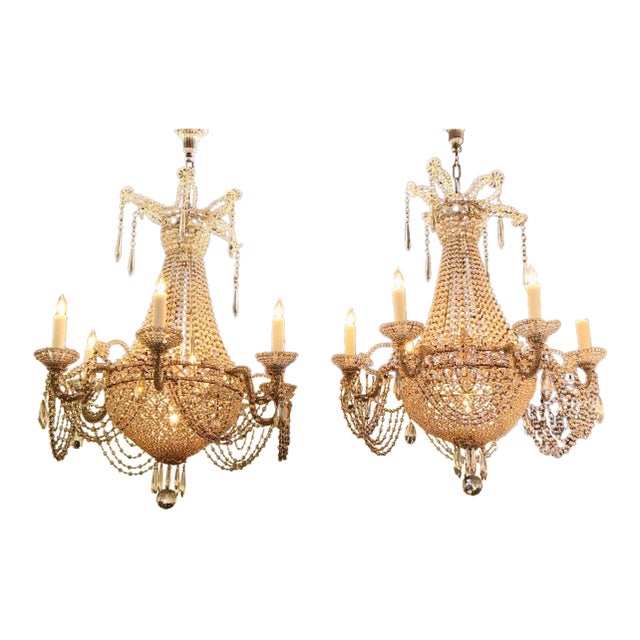 Pair of Italian Beaded Crystal Basket Chandeliers For Sale