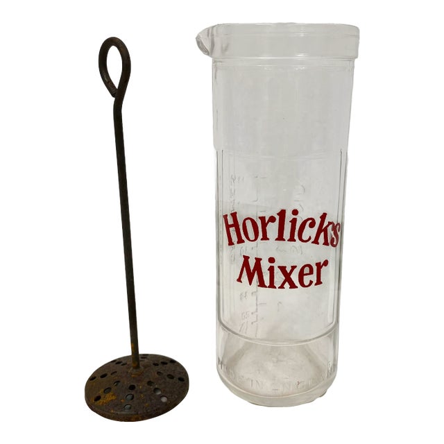 Vintage Glass Horlicks 8 Ounce Mixer Measuring Jar With Metal Strainer From England For Sale