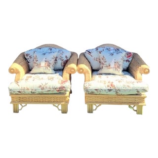 Vintage Oversized Henry Link Wicker Coastal Regency Upholstered Cockatoo Curved Arm Lounge Chairs- a Pair For Sale