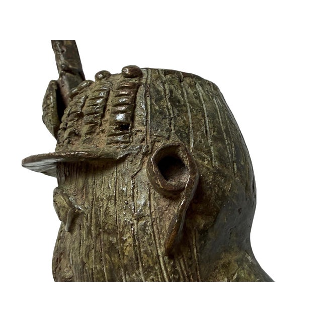 Metal Old Antique African Bronze Nigeria Edo Ife Head Sculpture For Sale - Image 7 of 8