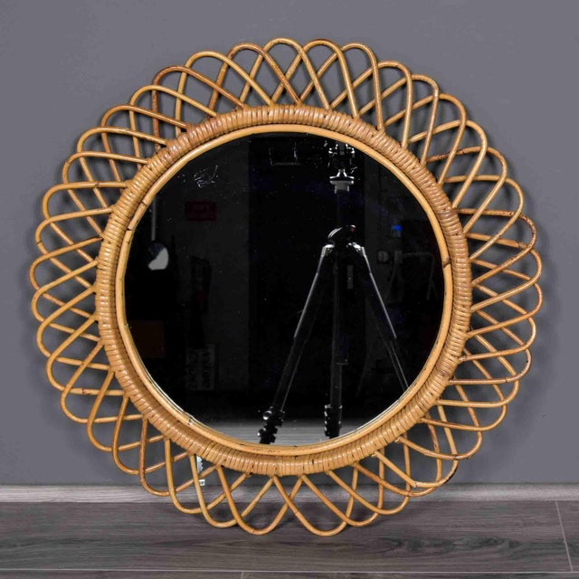 Mid-Century Modern Mid-Century Italian Round Rattan Wall Mirror For Sale - Image 3 of 8