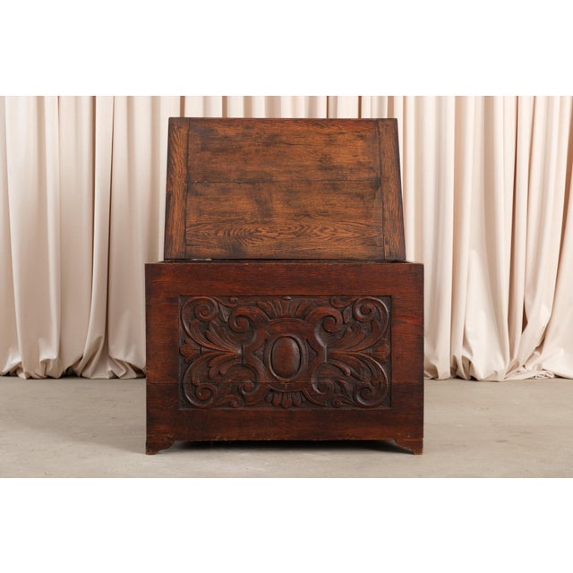 Vintage Jacobean Style Carved Oak Chest For Sale - Image 9 of 16