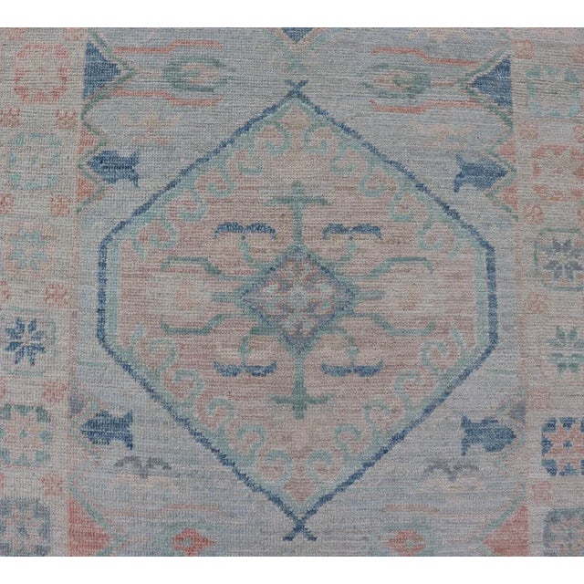 Modern Oushak Medallion Design Runner With Light Blue Color by Keivan Woven Arts For Sale - Image 9 of 11