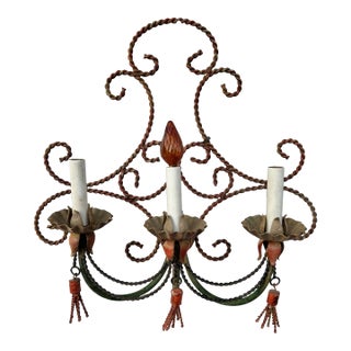 Mid 20th Century Italian Tasseled Tole Three Bulb Sconce For Sale