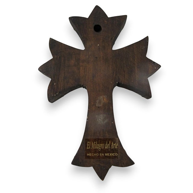 Brass Mexican Folk Art Milagros Wooden Cross Nailed Metal Brass Charms Wall Hanging For Sale - Image 8 of 8