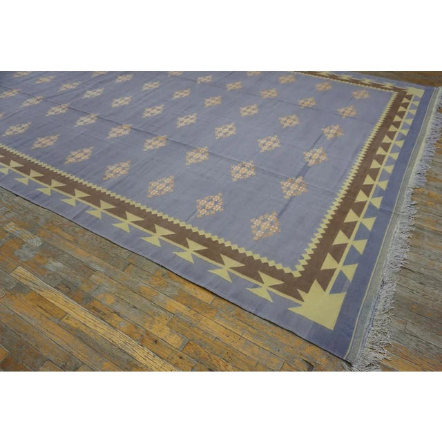 Sky Blue 1930s Blue Gray Diamond Antique Indian Cotton Dhurrie Carpet 9'7'' X 15'7'' Flatweave Rug For Sale - Image 8 of 14