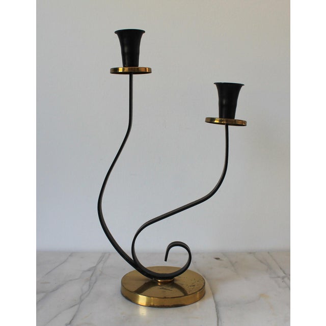Mid-Century Modern Mid-Century Black Metal and Brass Scrolled Double-Candle Holder For Sale - Image 3 of 11